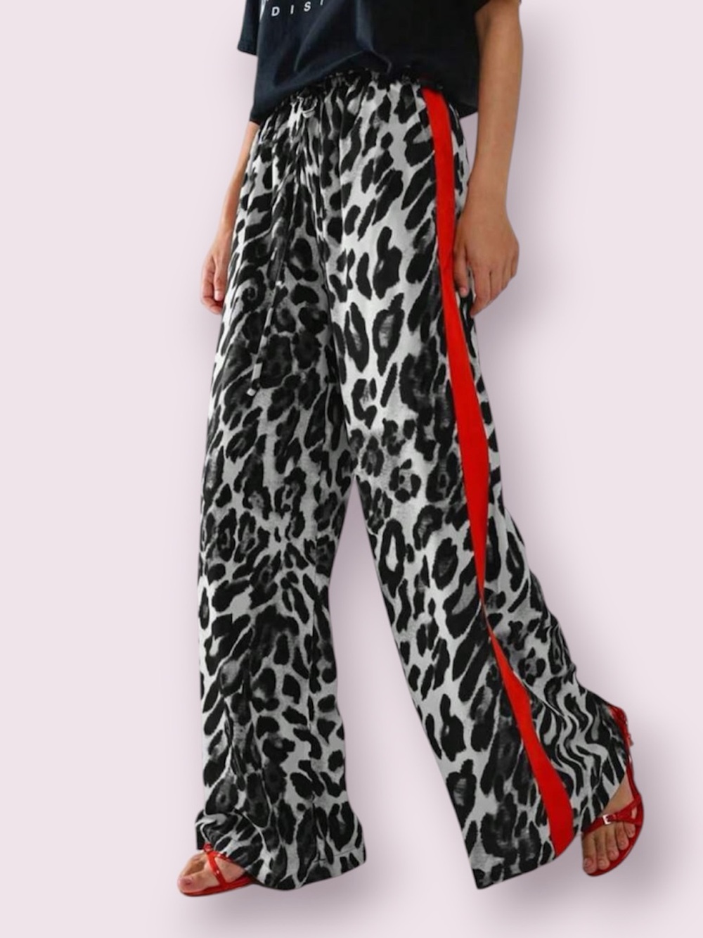 LEOPARD PRINT STRIPED SIDE WIDE LEG PANTS in Gray